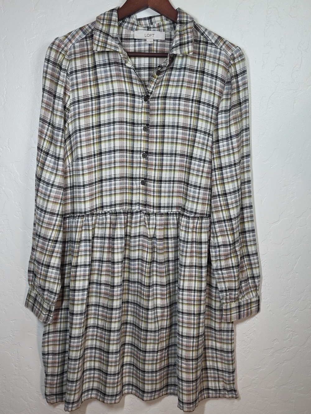 LOFT Plaid Long Sleeve Button Front Babydoll Shirt Dress Preppy Academia Fall